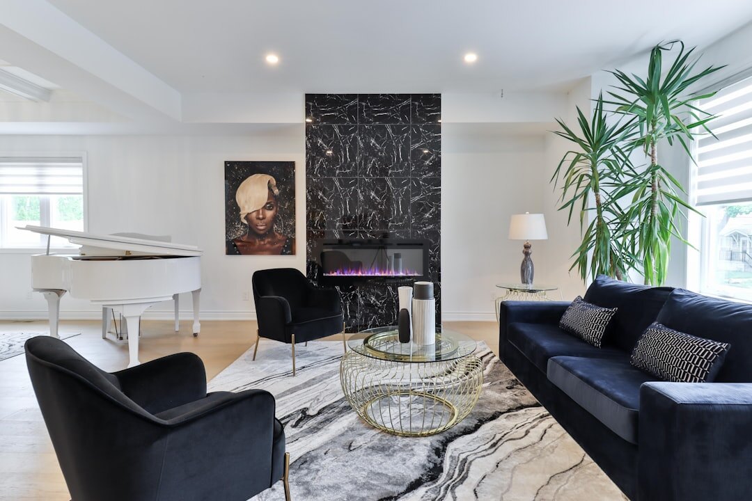 Elegant 1980s-style living room with velvet sofa and brass accents